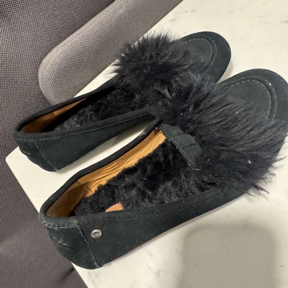UGG Black Suede Loafers with Faux Fur Detail - Picture 6 of 11